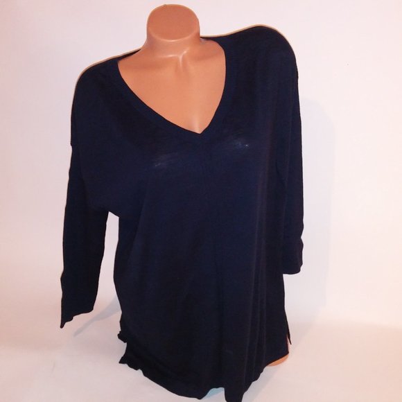 Talbots Sweater Large V Neck Navy Blue Solid 3/4 Sleeve 100% Cotton Pullover Bus - Picture 2 of 11